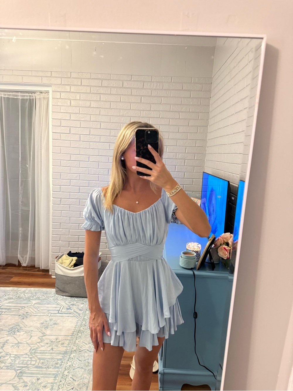 The Vintage Shop Light Blue Puff Sleeve Mini Dress